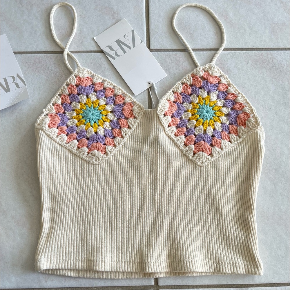 NWT Zara crochet granny square knit tank top XS/S - Picture 2 of 3
